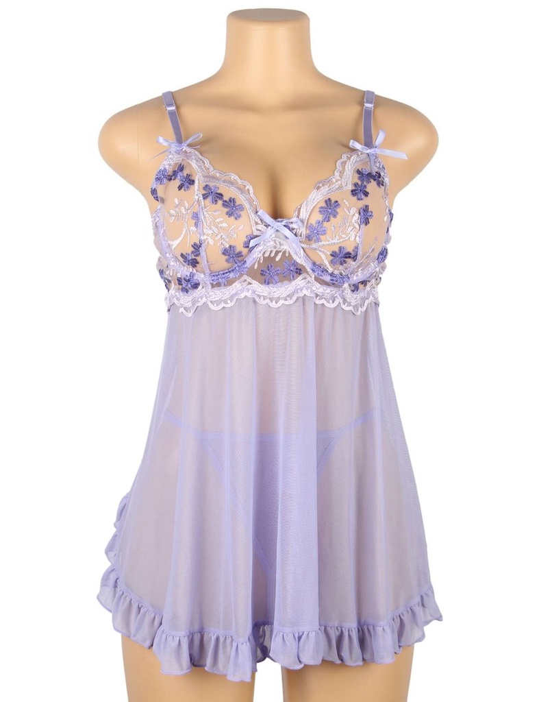 Sexy Purple Back Slit Embroidery Transparent Mesh