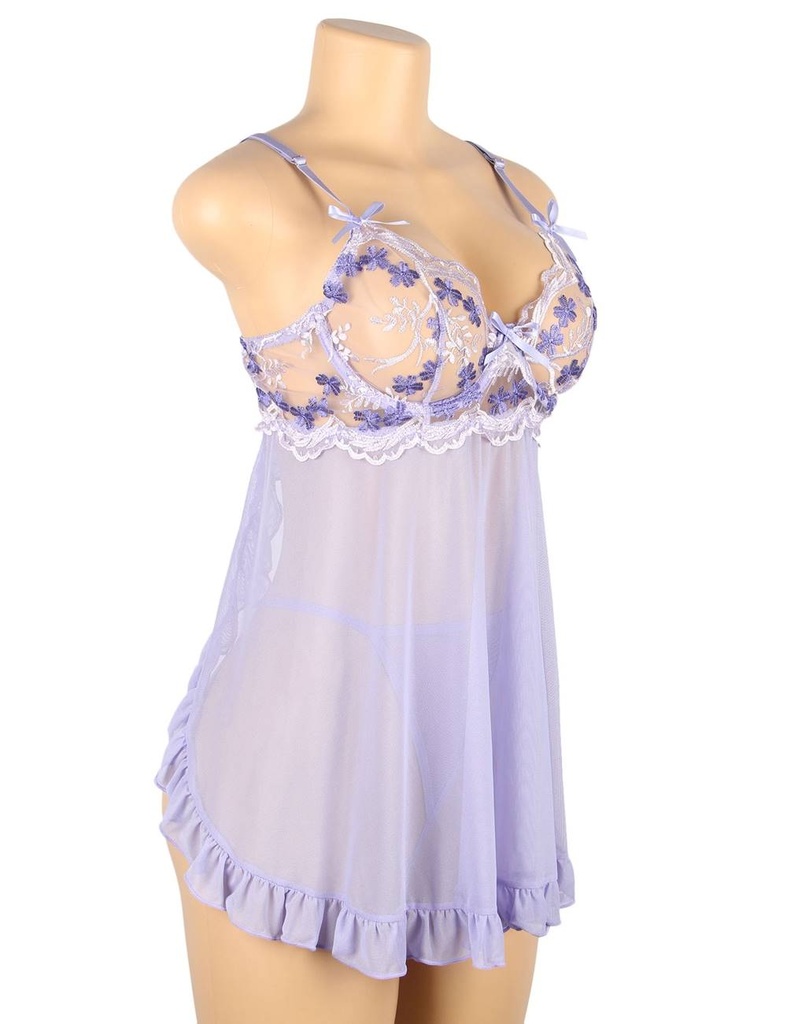 Sexy Purple Back Slit Embroidery Transparent Mesh