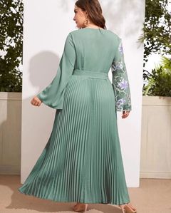 Plus Bell Sleeve Pleated Hem Belted Dress