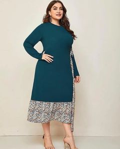 Blue Print Round Neck Long Dress