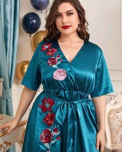 Plus Surplice Neck Floral Embroidery Self Belted Dress