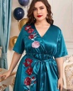 Plus Surplice Neck Floral Embroidery Self Belted Dress