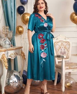 Plus Surplice Neck Floral Embroidery Self Belted Dress