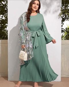 Plus Bell Sleeve Pleated Hem Belted Dress